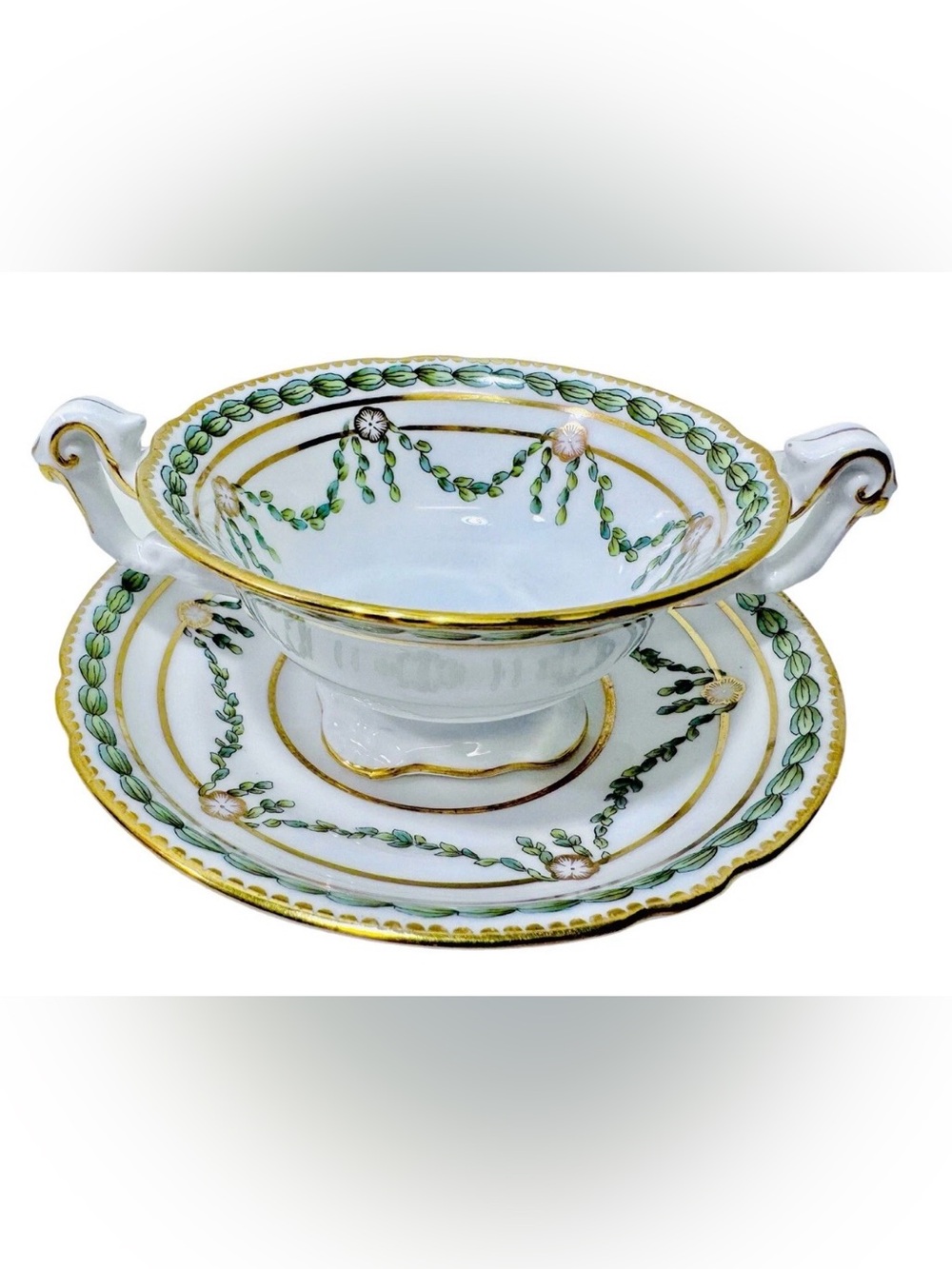 Copelands China Spode Gilman Collamore Green Laurel Swag Bouillon Cup & Saucer